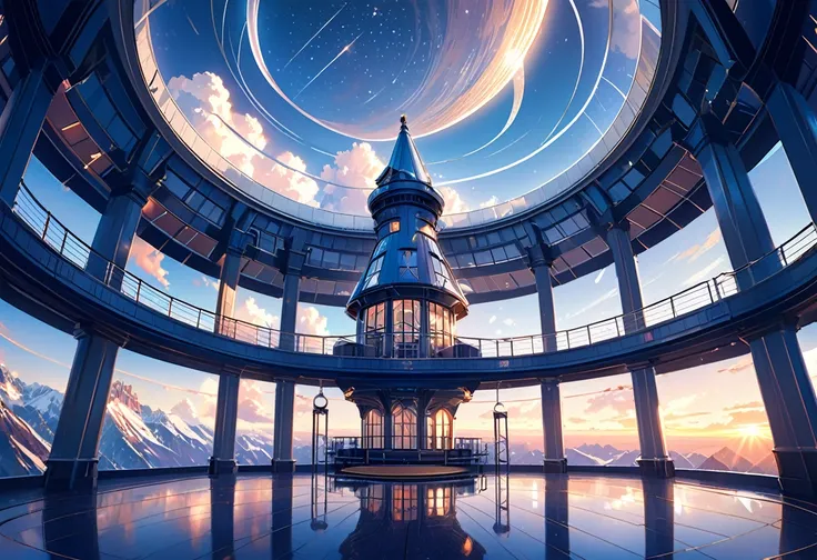 a magnificent floating royal castle in the sky, observatory, with a huge Telescope in the indoor observation room on the top floor of the building