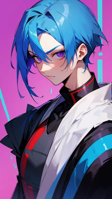 Guy blue hair with a red stripe, purple eyes