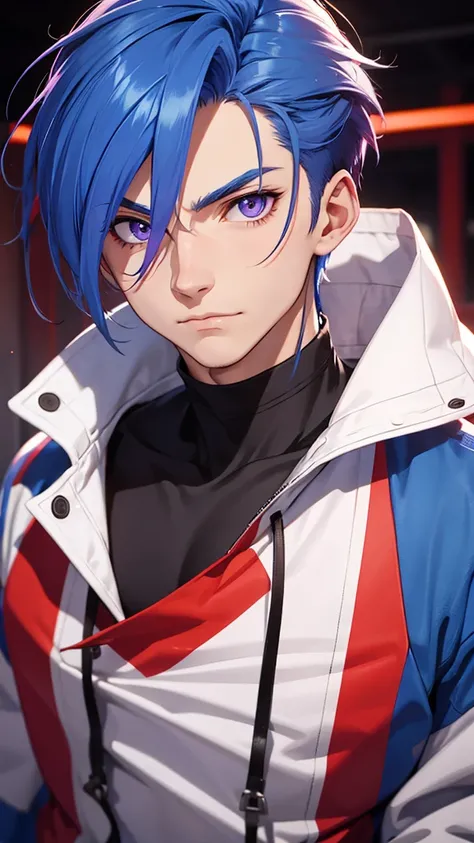 Guy blue hair with a red stripe, purple eyes