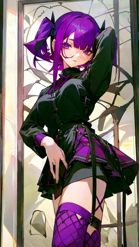 best quality, masterpiece, 4k, One woman, Reddish purple hair, straight bobbed hair, no bangs, wearing glasses, reddish eye, dour, expressionless, critical, mysterious, 
rock fashion, pleated skirt, long boots