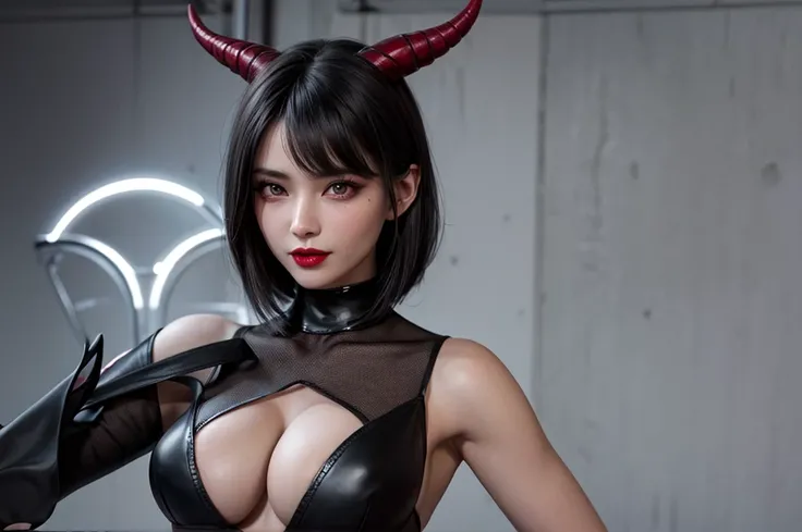 demon with high quality detail, demoness with beautiful model face, shimering lips, model face, black and grey color, half body pose, very high detail, 8K resolution, bright red lipstick, huge juggss