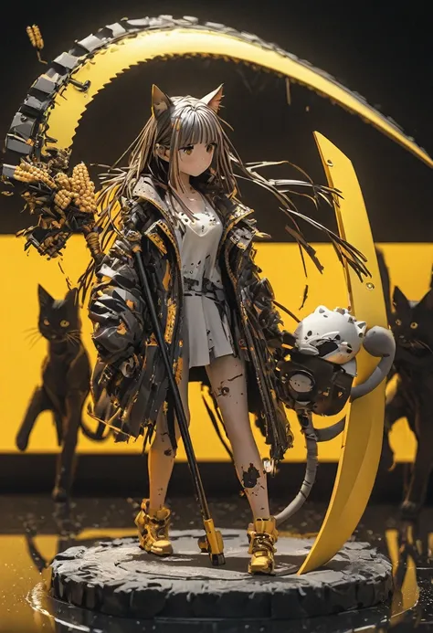 Detailed silhouette of a cyberpunk girl with cat ears and a tail, Flowing, Tattered coat, He carries a giant scythe with a mechanical cat design on it.., Stand on the glossy, Minimalist Reflective Surface, Yellow background, Depth:1.4, Corn、3D Art