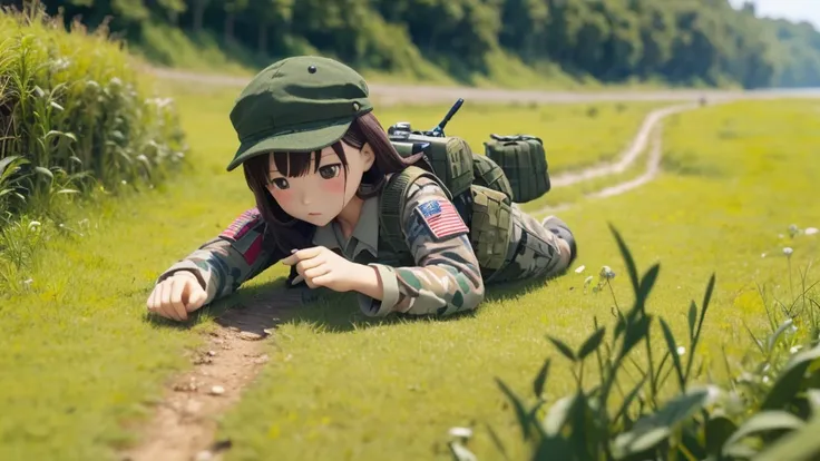 Girl doll、bank、river、bridge、Enjoying airsoft、uniform、Crawling through the grass