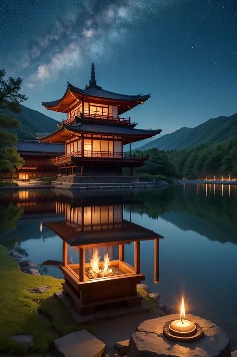 Nightscape inspired by Japanese art, 提灯で照らされた庭園と静かな湖にかかるwood製の橋がある. The starry sky is reflected on the water, Create a magical environment. Standing by the lake looking at the distant mountains、There is a small Zen temple lit by candles., people々A place wh...