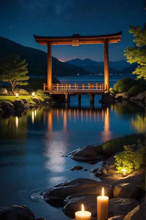 Nightscape inspired by Japanese art, 提灯で照らされた庭園と静かな湖にかかるwood製の橋がある. The starry sky is reflected on the water, Create a magical environment. Standing by the lake looking at the distant mountains、There is a small Zen temple lit by candles., people々A place wh...