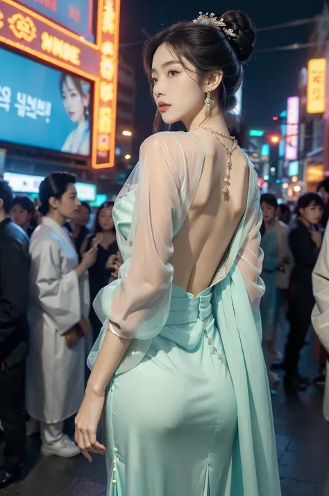 (((best quality))),(((ultra detailed))),(((masterpiece))),illustration,((1 beautiful girl,solo,korean princess)),((see through gorgeous sheer hanbok)),((slim,thin)),((bare back,towering hips,butt crack)),bun hair,((city streets,night scene)),delicate featu...