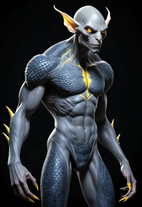 full body view with depth An epic a scaly skin illustration of a dark Entity. A tall humanoid muscular figure with unusual features such as white, plaster-like skin, slit mouth, no hair, slanted and larger-than-normal yellow eyes, and large, pointed ears, ...