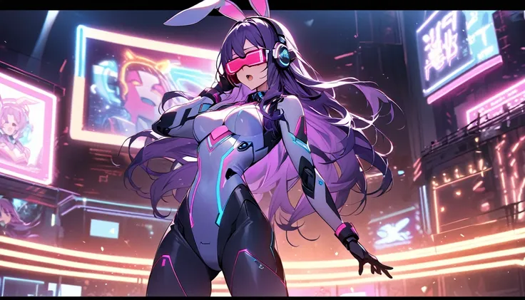 Beautiful girl, single, long hair, purple hair, glowing wires Wearing a half-cap, headphones, bunny ears, a neon-toned sci-fi robot leotard, in the background there is a robot with neon lights. The background image is a large robot, clearly visible. ,on st...