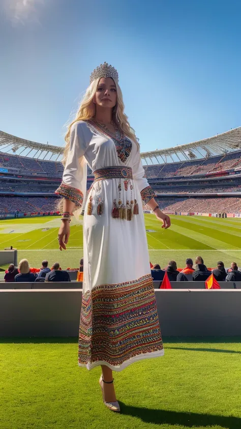 Most beautiful german blonde lady, wearing kabyle robe, kabyledress, amazigh, berber, kabyleoutfits, bijoux, football stadium background,euro 2024 germany, realistic,4k, professional, 