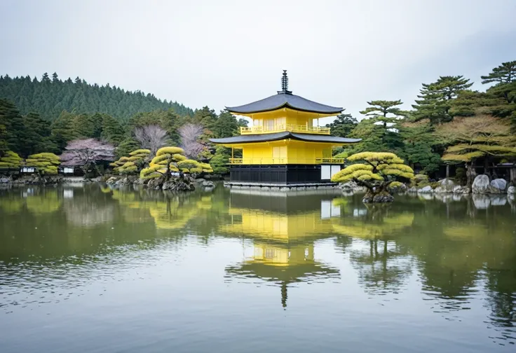 there is a yellow building in the middle of the lake., japanese templess, ancient japanese architecture, kyoto, japanese temples...