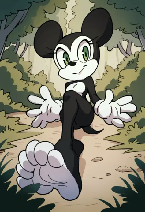 mickey mouse, female, green eyes, solo, naked, black fur, in forest, footpaws