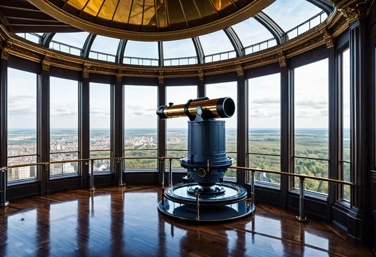 The observatory, with a huge Telescope in the indoor observation room on the top floor of the building in a magnificent floating royal castle in the sky,