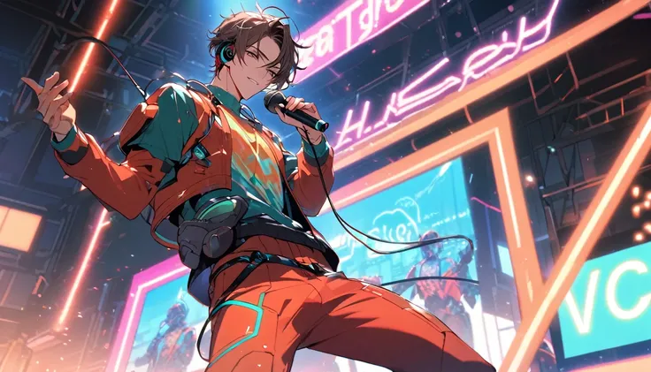 Handsome, single, clearly washed out, male, black red eyes, short, brown hair, headphones, neon colored sci-fi robot suit. Mixes sci-fi and neon tones. Behind it is a robot with neon lights. In the background, a large robot clearly sings on stage, wearing ...