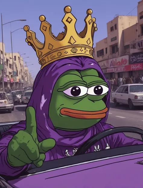 (web comic:0.8), pepe in a car, wearing a militaristic leader outfit with a crown, waving with a serious expression. he has purp...