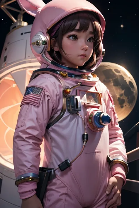 (One pink astronaut girl:1.3)Going to the Moon、Meeting the Moon Rabbit,Very detailed,Intricate details,Ultra-realistic,Cinema Lighting,8K resolution,masterpiece