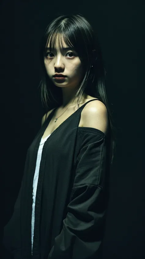 High quality like a movie, dark atmosphere and a little scary, lightly dressed, 18 years old, Japanese, cute woman, high definition background, camisole