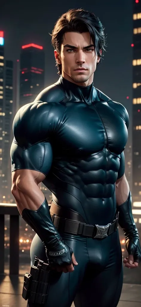 ((realistic: 1.5)),((best quality)), ((masterpiece)),((detailed)), male ninja, Vigilante, Caucasian American, handsome, photorealistic face,short hair, attack position,nightwing,vigilante tactical superhero outfit, katana on the back,wearing shiny black an...