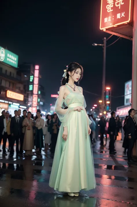 (((best quality))),(((ultra detailed))),(((masterpiece))),illustration,((1 beautiful girl,solo,korean princess)),((see through gorgeous sheer hanbok)),((slim,thin,small breasts,flat chest)),bun hair,((city streets,night scene)),delicate features,(tradition...