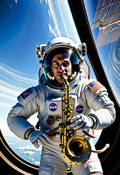 Thomas Pesquet jouant du saxophone devant la Cupola de lISS, the International Space Station, French astronaut, ISS Cupola, French flag, weightless 