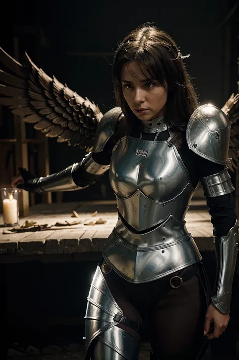 A female knight with angel wings fights against a dark background after a fierce battle between gods