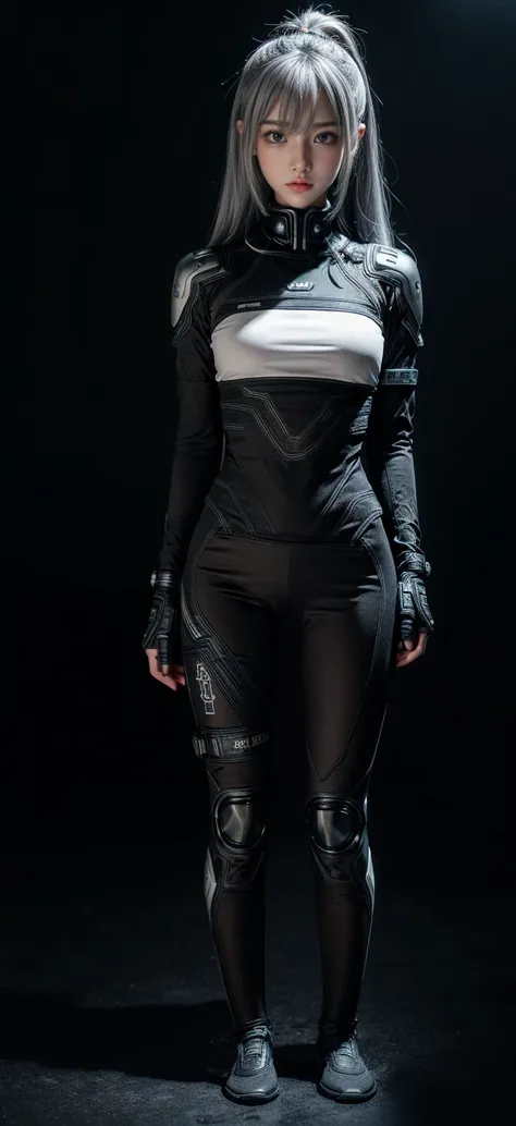 {{Sci-Fi Armor}},cyber suit,cyberpunk,science fiction,cyber battle armor,Battledress,Military Uniforms,pants,black military uniform,whole body,Height: 168cm,almond shape eyes,{{{{{silver eyes}}}}},{{{{{dull bangs}}}}},(slanted eyes},{{whole body},{{{1 girl...