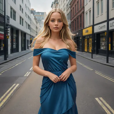 professional portrait photograph of a gorgeous 18 year,Norwegian girl Lise Olsen in london with long wavy blonde hair,blue eye,happy,sultry flirty look, gorgeous symmetrical face, cute natural makeup, wearing red Gown, ((standing outside in city street)), ...