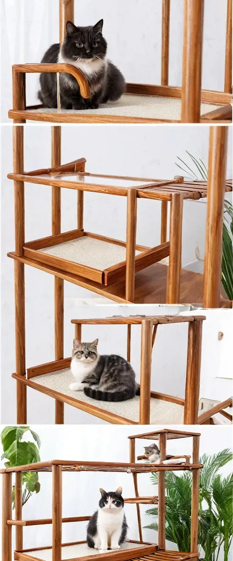 Warm-colored solid wood cat climbing frame(Various accessories；observatory；springboard；hammock；Cat shop；Space capsule)，Home scene，clean，Transparent，ins style，Big scene，