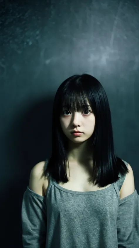 High quality like a movie, dark atmosphere and a little scary, lightly dressed, 18 years old, Japanese, cute woman, high definition background, camisole