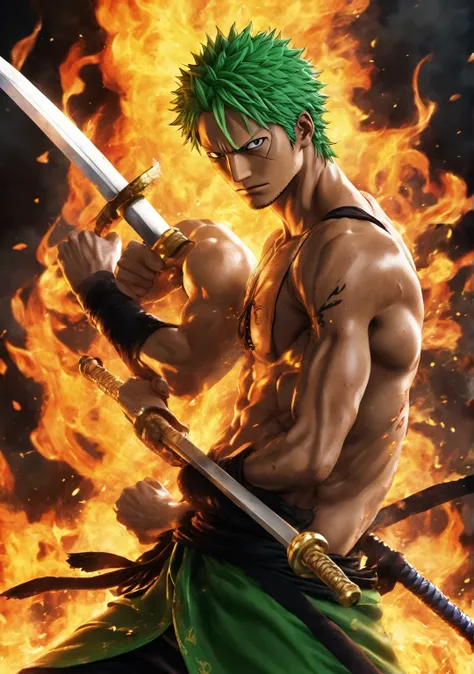 Zoro from the anime One Piece is depicted in a realistic, live-action style, standing in a dramatic pose with his upper body bare, revealing his muscular build. He grips a sword in each hand and one in his mouth, showcasing his three-sword technique. Zoro ...