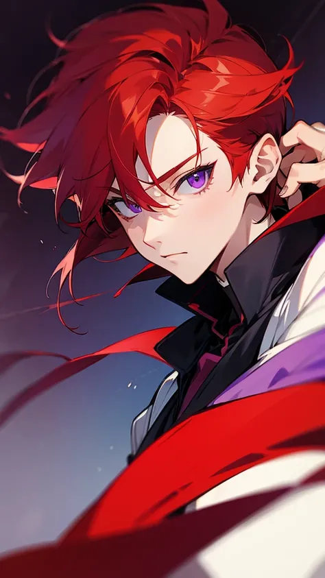 boy , Red hair, purple eyes 