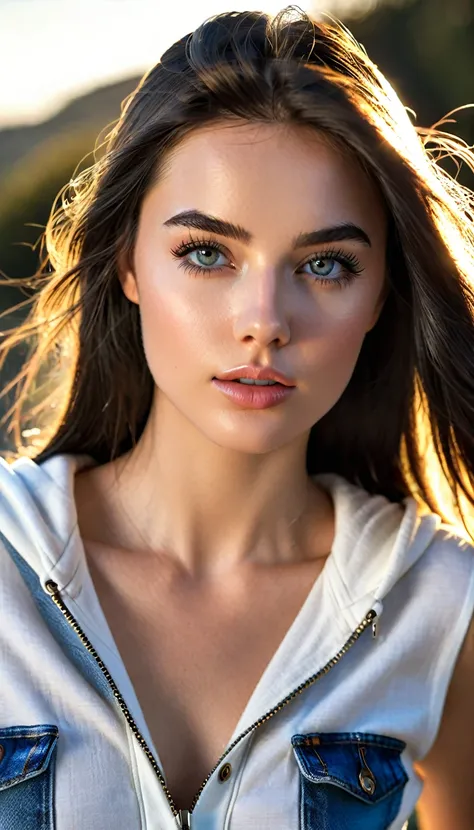 A photorealistic portrait of a 21-year-old female model with striking hooded grey eyes and a beautiful supermodel jawline. She should have long, black straight hair, thick eyelashes, and seductive natural high arch black eyebrows. The model is dressed in a...