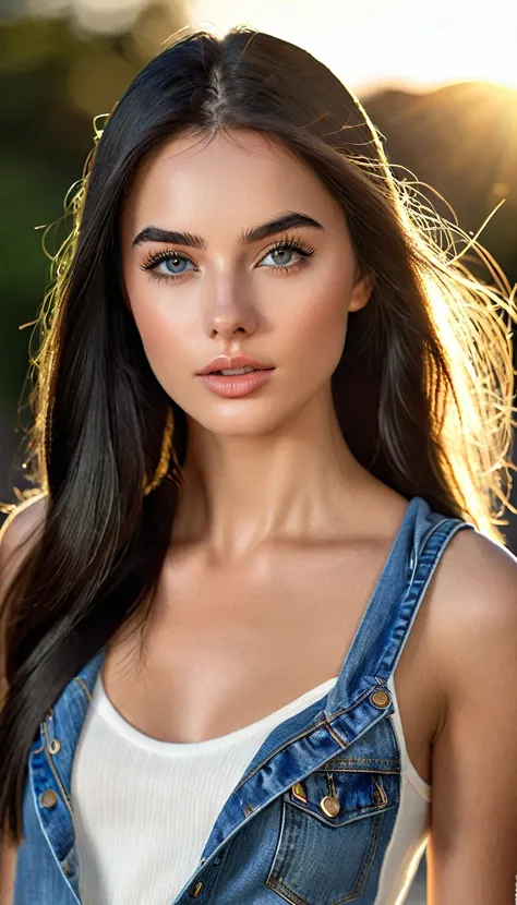 A photorealistic portrait of a 21-year-old female model with striking hooded grey eyes and a beautiful supermodel jawline. She should have long, black straight hair, thick eyelashes, and seductive natural high arch black eyebrows. The model is dressed in a...