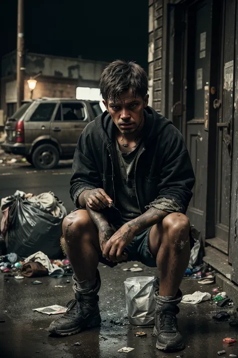 a young 28 old beggar , a young boy bent over a trash can, collecting garbage, tattered clothes, dirty, malnourished, sad expression, street scene, urban environment, dilapidated buildings, overcast sky, (best quality,4k,8k,highres,masterpiece:1.2),ultra-d...