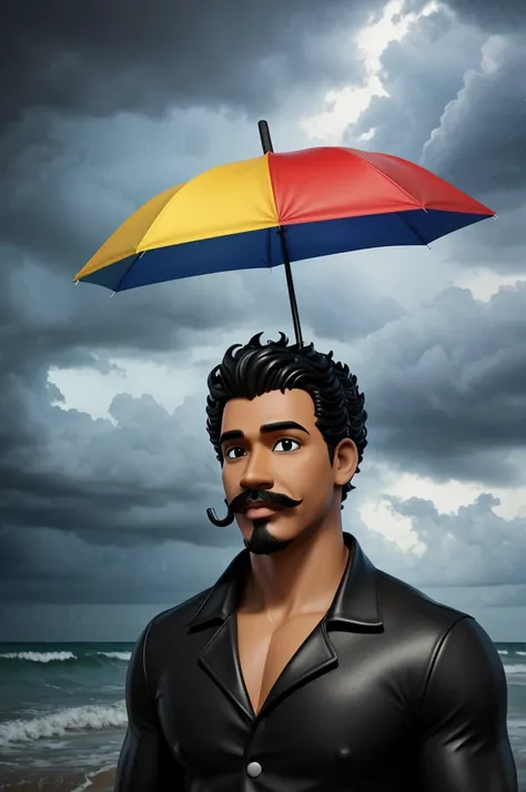 3d cartoon lightskin with black curly hair and a mustache and goatee holding a umbrella going through the storm