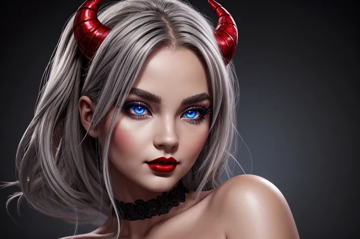 demon with high quality detail, demoness with beautiful model face, shimering lips, model face, black and grey color, half body pose, very high detail, 8K resolution, bright red lipstick, chubby, blue eyes, fat, dark grey background, no horn, blond hair