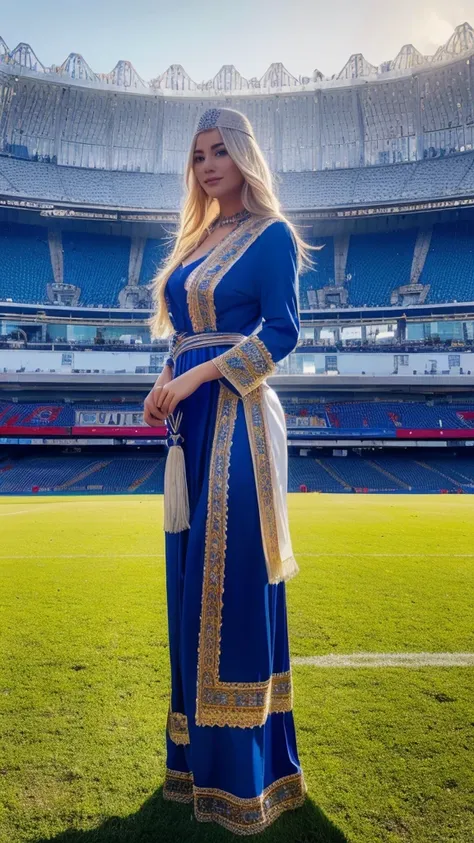 most beautiful german blonde lady, wearing kabyle robe, kabyledress, amazigh, berber, kabyleoutfits, bijoux, football stadium ba...