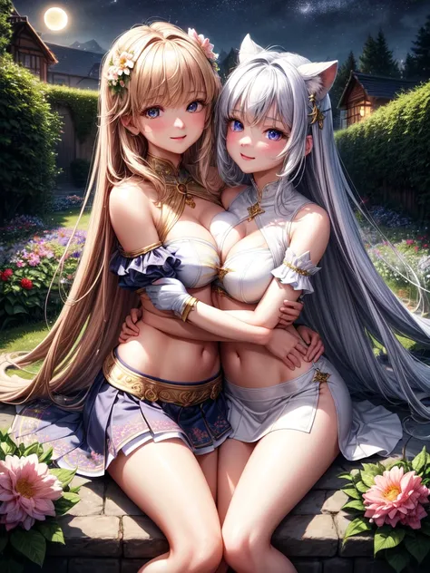 HDR , masterpiece , high quality , ultra details , best quality , skirt , crop top , thigh , night , ((beautiful , attractive )) ,two cute adult girl , silky light hair , medium tits , hug each other and gazing each other eyes with light smile , night with...