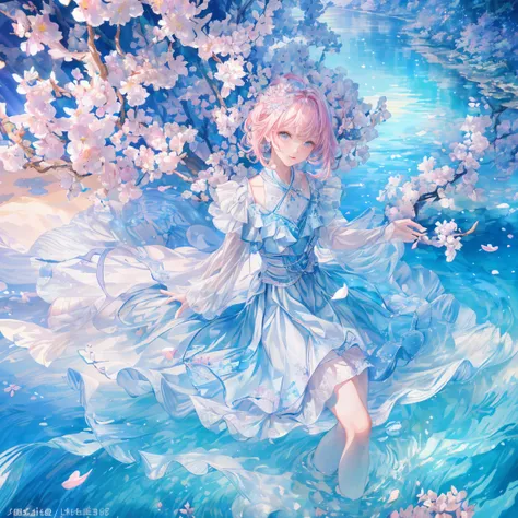 (best quality,4k,8k,highres,masterpiece:1.2), ultra-detailed, (photorealistic:1.37), (CG:1.1) (best quality) of a natural, blue sea with delicately colored tree leaves and pink flowers petals falling in the air, light tracing, ultra-detailed, (best shadows...