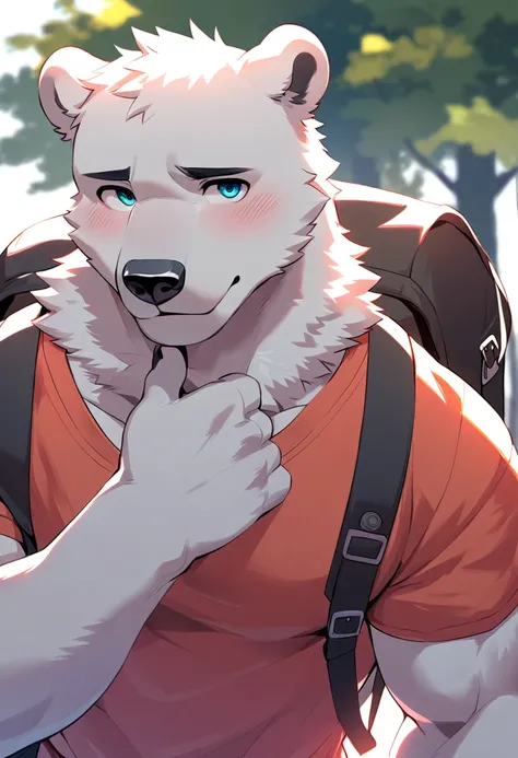 polar bear, 1boy, male, solo, (muscle:0.3), big tits, pecs, shy face, casual clothes, backpack, hand under chin, pan left angle, look at viewer