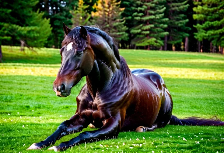 Full body photo, (Best quality,8K,high resolution,Masterpiece:1.2),Ultra-detailed,Realistic, portrait, Percheron black horse, shiny fur, sitting,cancel more legs,focus on eyes, focus on the horse feet texture, elegant,Graceful,Strong presence,rippling musc...