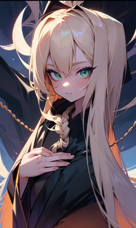 This is an image of an animated character with long blonde hair, wearing a black robe with green eyes and being tied to a rope, hd qualty 