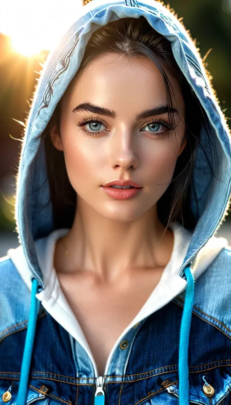 A photorealistic portrait of a 21-year-old female model with striking hooded grey eyes and a beautiful supermodel jawline. She should have long, black straight hair, thick eyelashes, and seductive natural high arch black eyebrows. The model is dressed in a...