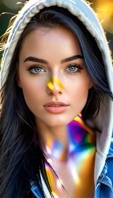 A photorealistic portrait of a 21-year-old female model with striking hooded grey eyes and a beautiful supermodel jawline. She should have long, black straight hair, thick eyelashes, and seductive natural high arch black eyebrows. The model is dressed in a...