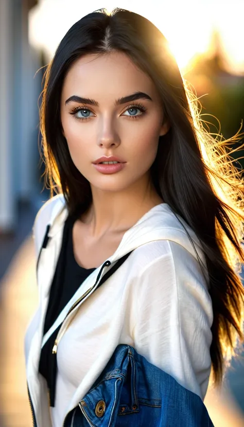 A photorealistic portrait of a 21-year-old female model with striking hooded grey eyes and a beautiful supermodel jawline. She should have long, black straight hair, thick eyelashes, and seductive natural high arch black eyebrows. The model is dressed in a...