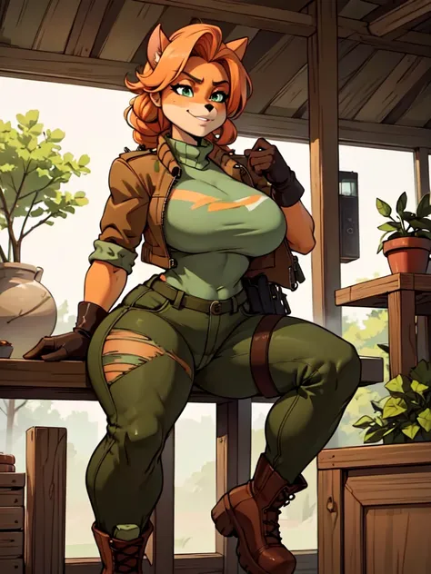 (best quality,4k,8k,highres,masterpiece:1.2),ultra-detailed,realistic:1.37,portrait,anthro bandicoot girl redhead, braided hair, beautiful green eyes, relaxing moment, sexy ,seductive, warm sweater,  tactical gloves, camouflage jacket , camouflage pants, a...