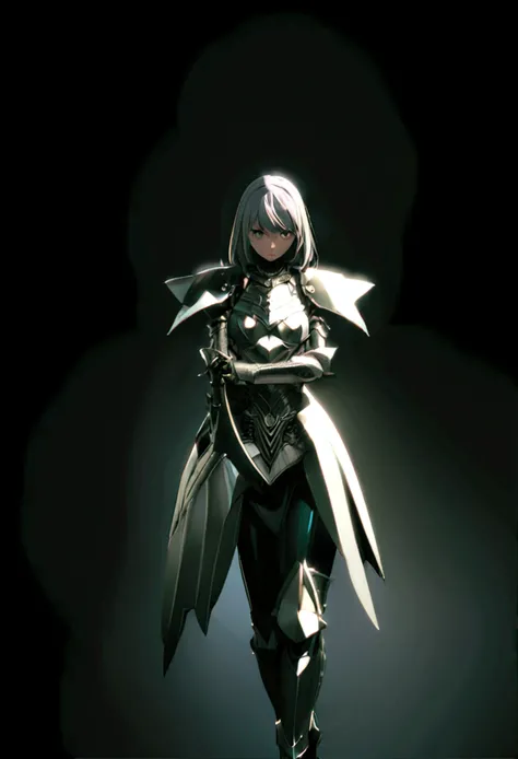 Anime girl with sword and armor on a black background, Armor Girl, shiny silver armor, White Armor, glossy White Armor, Light emanating from the armor, Thick armor, detailed White Armor, Beautiful Armor, Wearing light armor, Wearing armor!!, Covered entire...