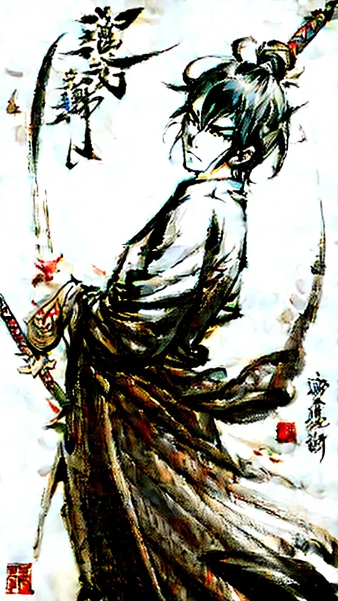 ink painting of a male calligrapher in samurai style　on its back is a powerful japanese dragon ink painting　ink droplets