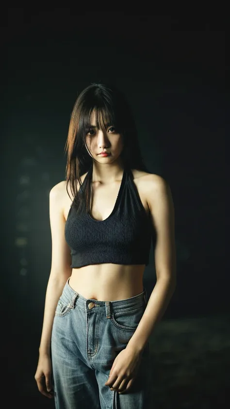 High quality like a movie, dark atmosphere and a little scary, lightly dressed, 18 years old, Japanese, cute woman, high definition background, (Halter-top, Cowboy Shot:1.1)