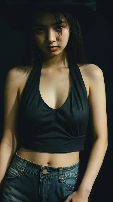 High quality like a movie, dark atmosphere and a little scary, lightly dressed, 18 years old, Japanese, cute woman, high definition background, (Halter-top, Cowboy Shot:1.1)