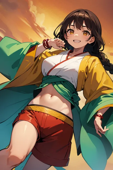 girl with brown skin, long dark brown hair braided into braids, rose hair accessory,  he has joyful bright yellow eyes, joyful smile, Japanese style clothing, top of long shorts top,  navel, bright green kimono, small breasts, short sleeves, bracelet on le...